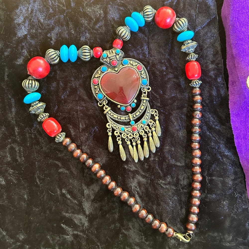 Bohemian Ethnic Statement Sacred Heart Necklace Artisan Handmade Aztec Beaded